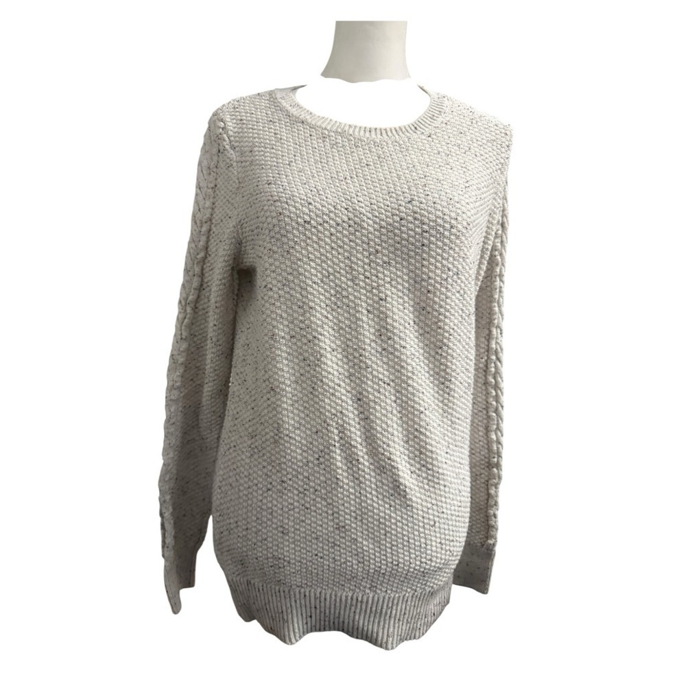 LOFT Fisherman's Sweater M Beige Speckled Cable Knit Cotton Relaxed Pullover